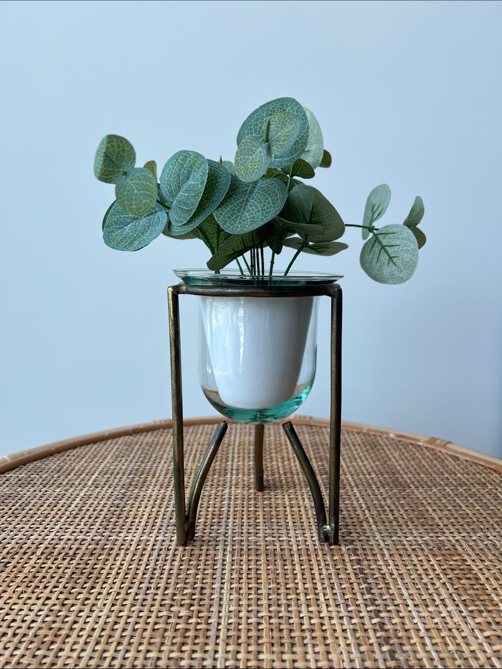 Vintage Glass Candle Holder Planter Gold Metal Stand Base